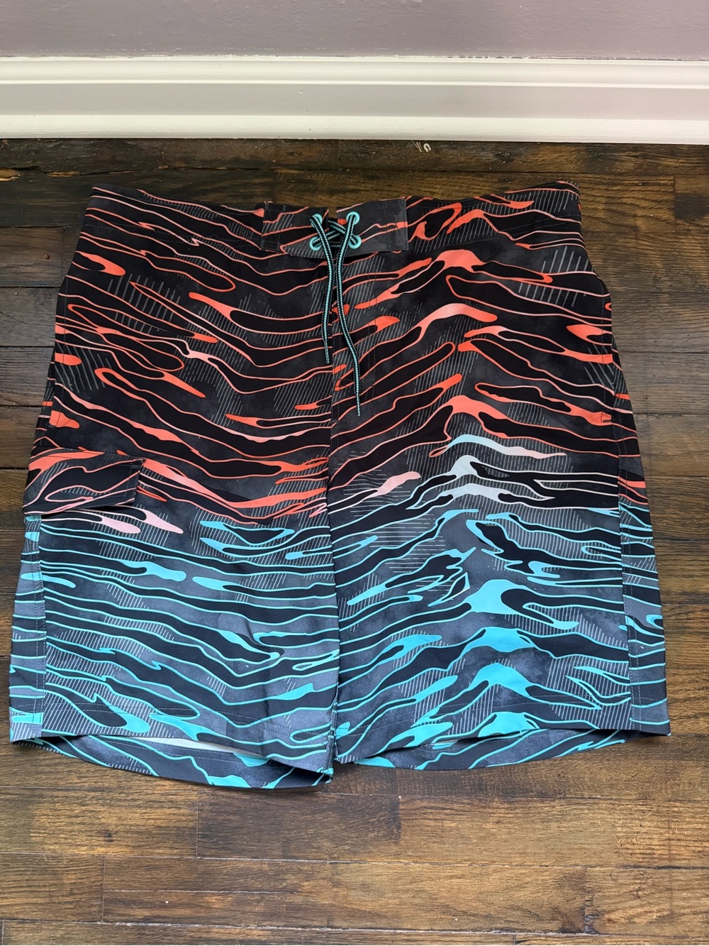 Men's Black Swim Trunks with Coral and Teal Wave Print